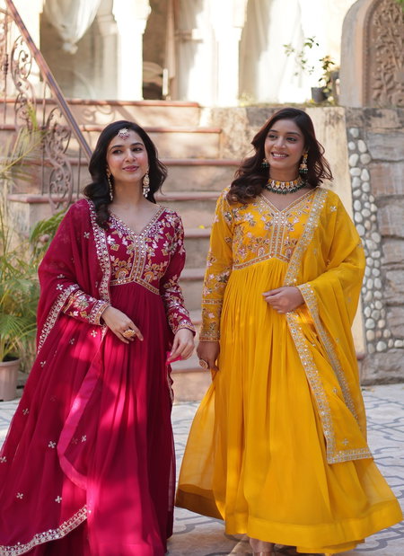 KA 1147 Faux Blooming Embroidery Work Gown With Dupatta Wholesale Online
